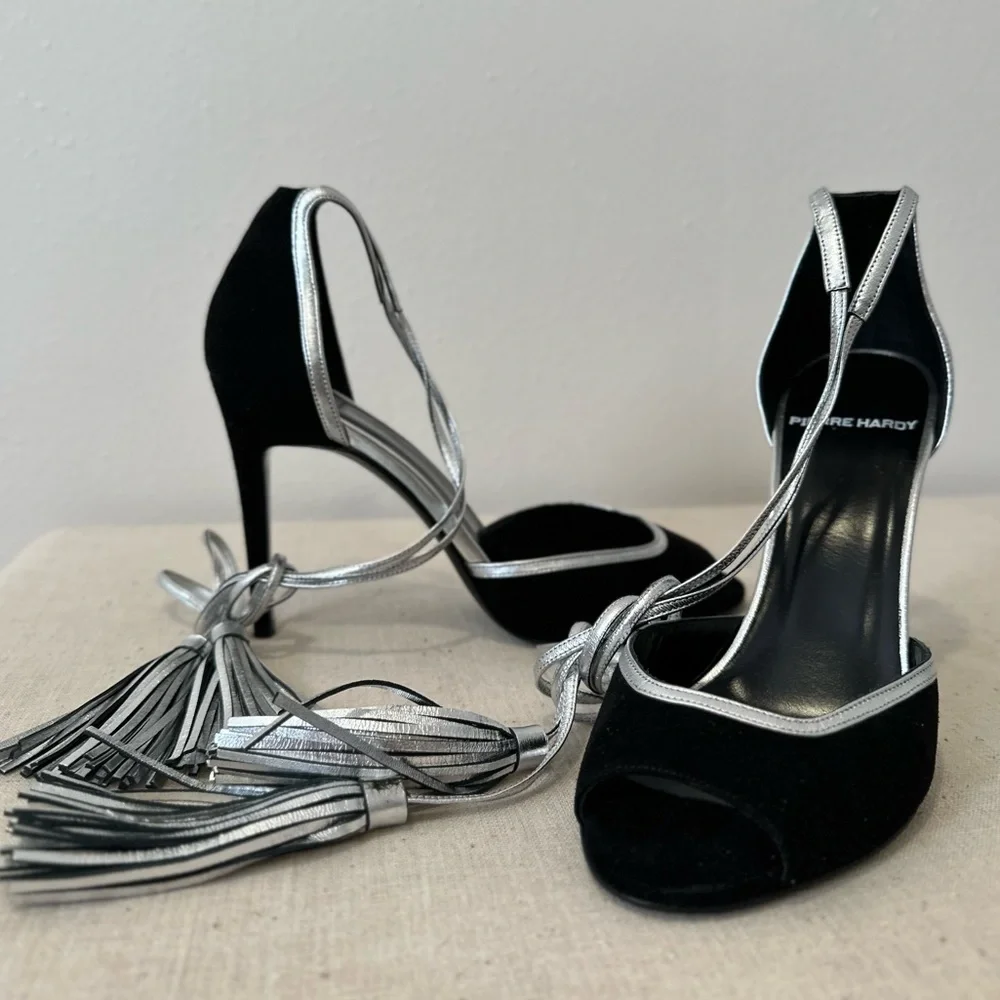 New Pierre Hardy leather suede black silver tassel sandals - Picture 6 of 12